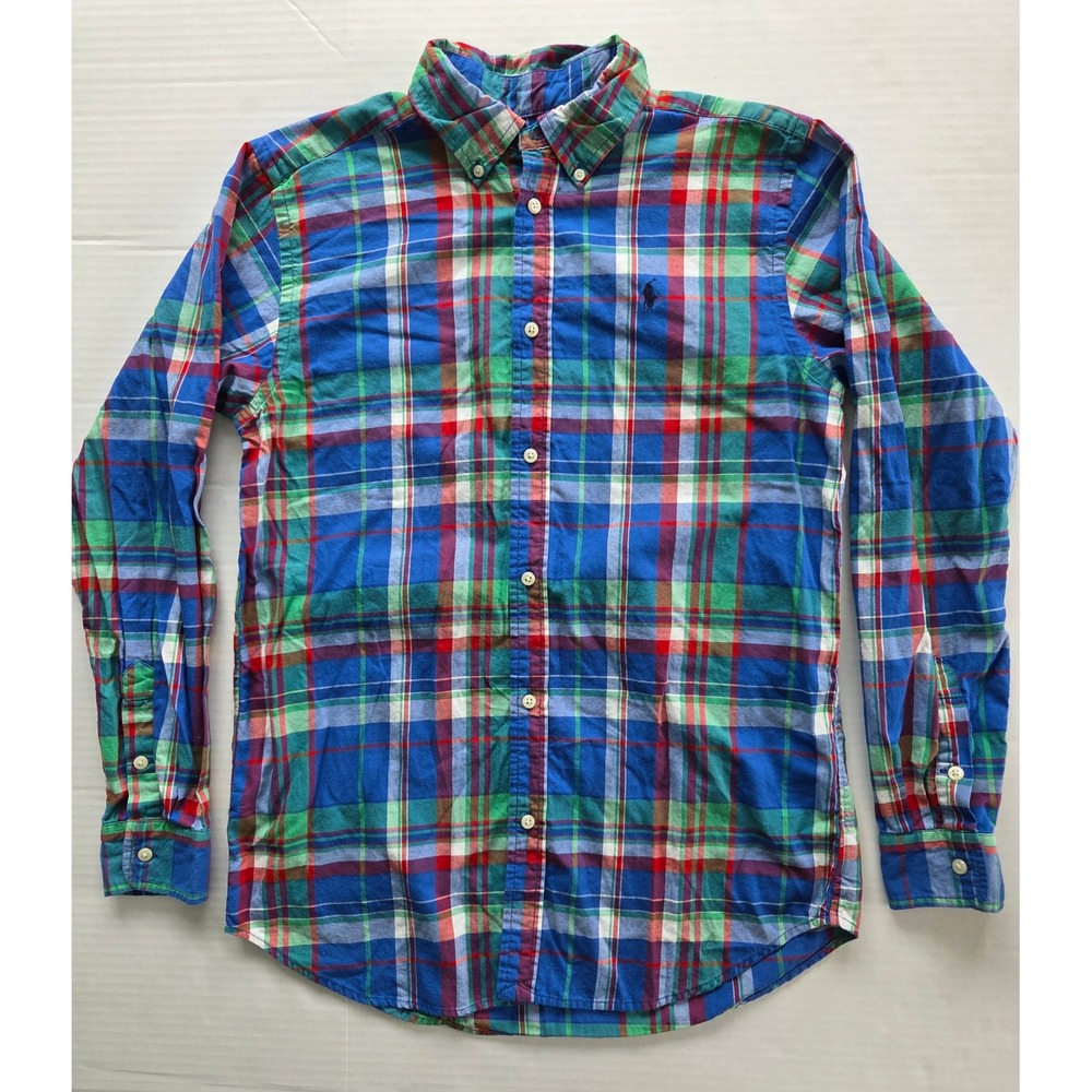 Ralph Lauren Button Down Shirt Kids XL 18-20 Blue Green Plaid Long Sleeve Pony